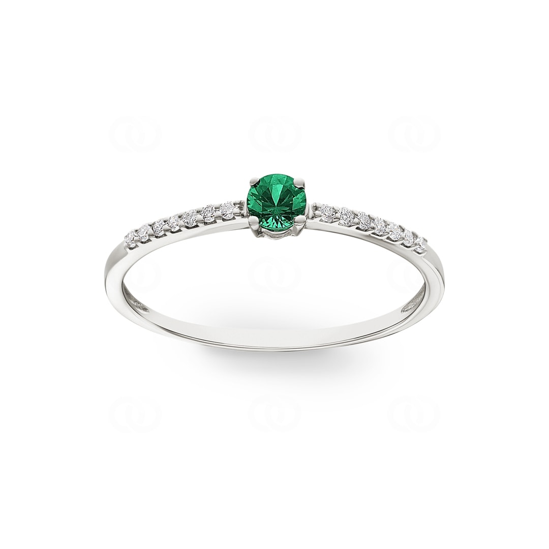 Damenring 750/18 K Weissgold mit Smaragd rund & Diamanten 0.07 ct H/si