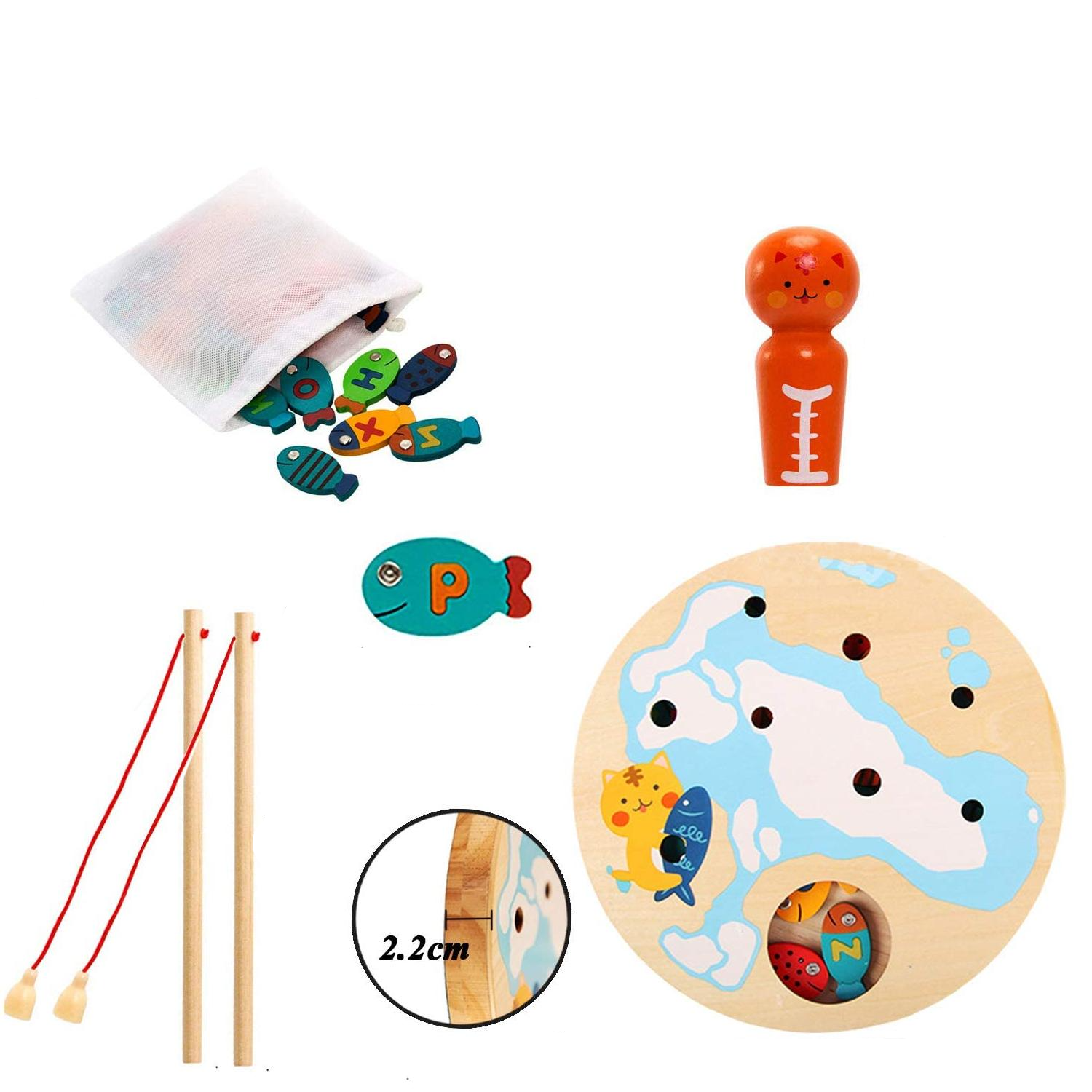 (30-tlg. Set) Magnetisches Holz Kinder Spielzeug Fische mit Buchstaben Angeln Lernspiel - Bunt