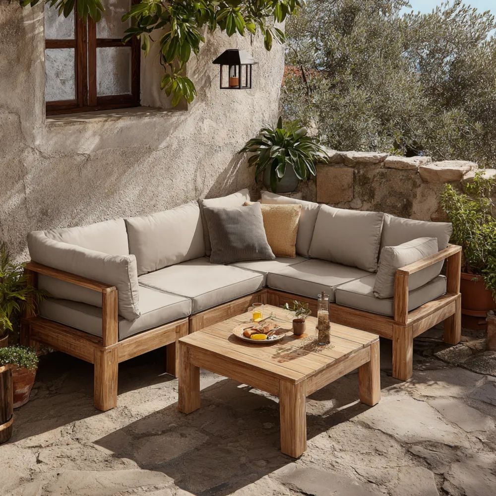 Garten-Sofaset Holzrahmen Polster 200x150x70 cm – Beige – Moderner Sti