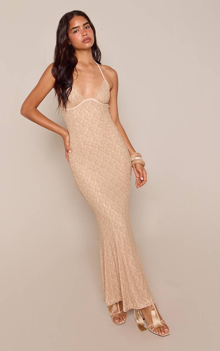 Gris Pierre Robe Longue Plongeante À Col Licou En Dentelle Texturée