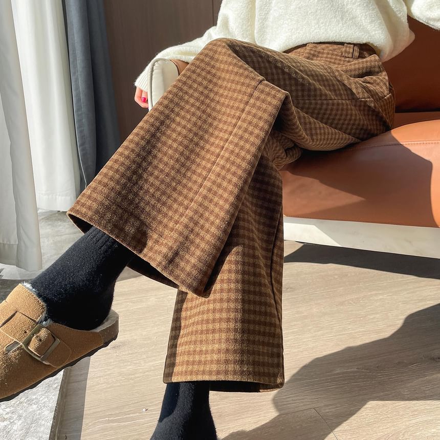 Jaqmine - Hoge taille geruite cropped wijde broek