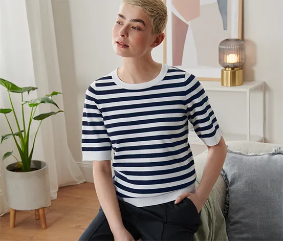 Feinstrick-Pullover, blau-weiß gestreift