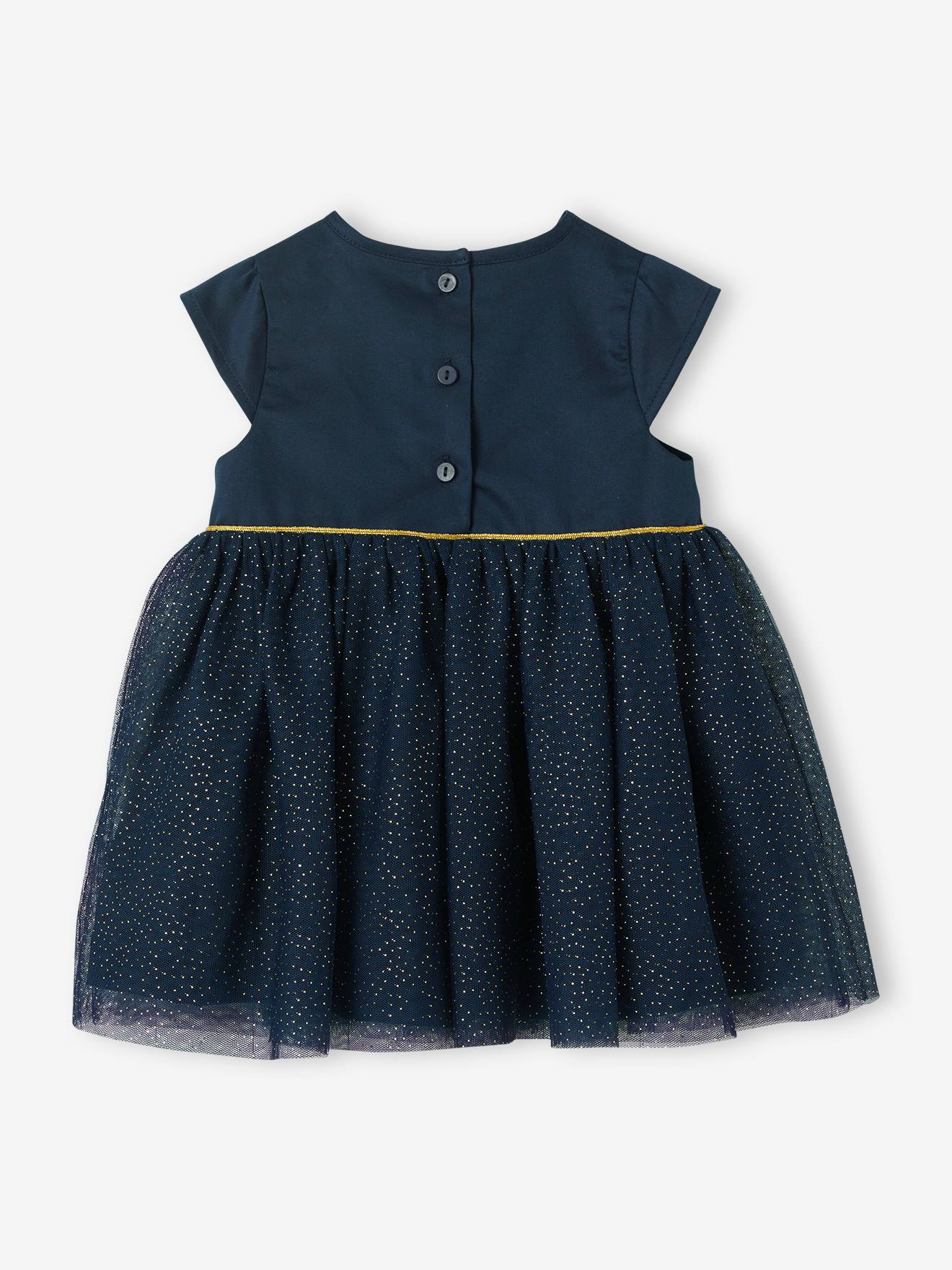 Vestido de festa azul escuro iridescente em cetim e tule para meninas