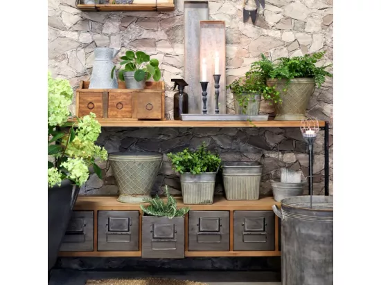 Meuble buffet en bois de sapin marron et zinc gris 133 x 32.5 x 77 cm