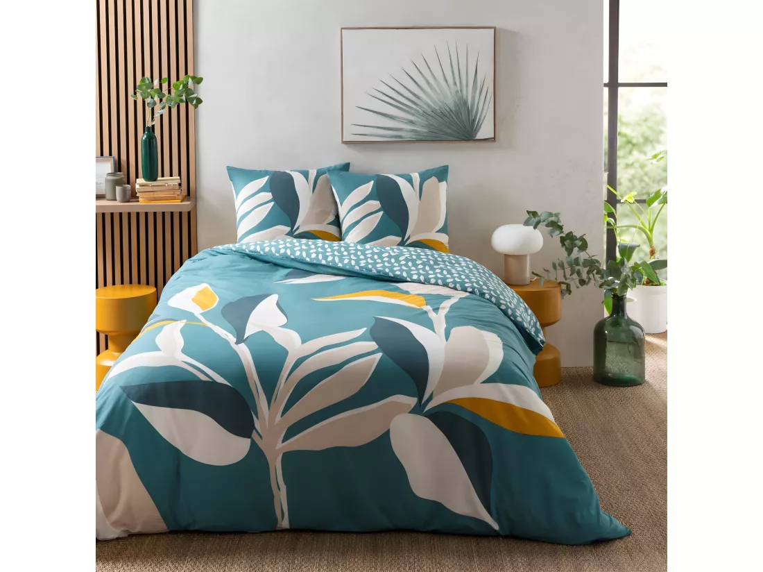 Parure de lit 2 personnes tropical réversible feuilles 240x220cm