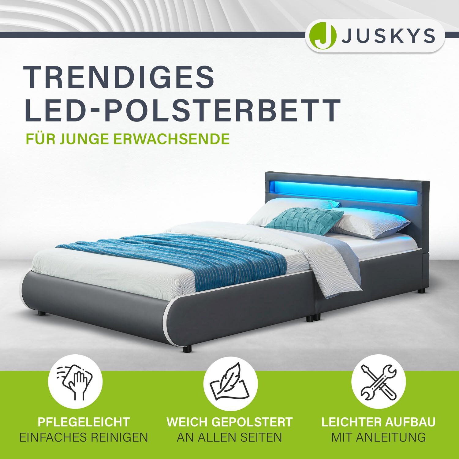 Juskys Polsterbett Sevilla 140 x 200 cm dunkelgrau Einzelbett mit Kaltschaummatratze