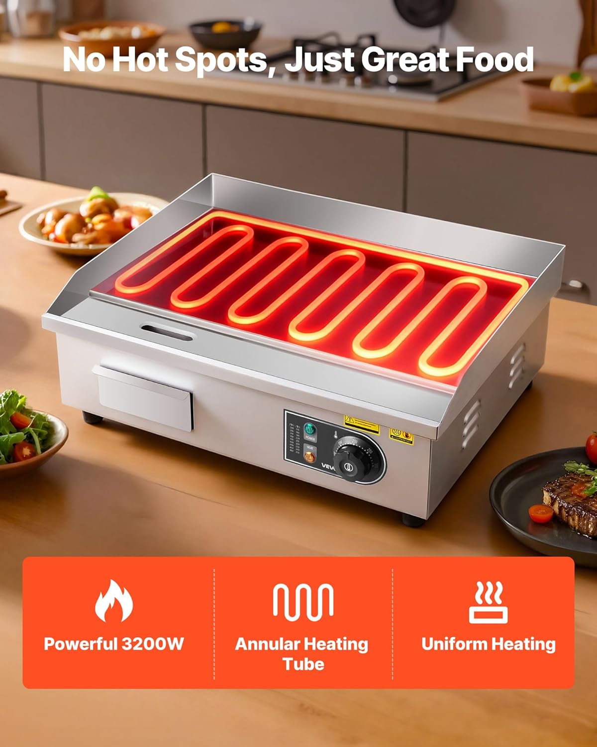 VEVOR Elektrogrill gewerbliche Grillplatte (535 x 300 mm) 3200 W mit 50-300 °C einstellbarer Temperaturregelung, Bratplatte Griddleplatte mit 2 Spachteln & 2 Bürsten & 4 Fußpolstern für Steak