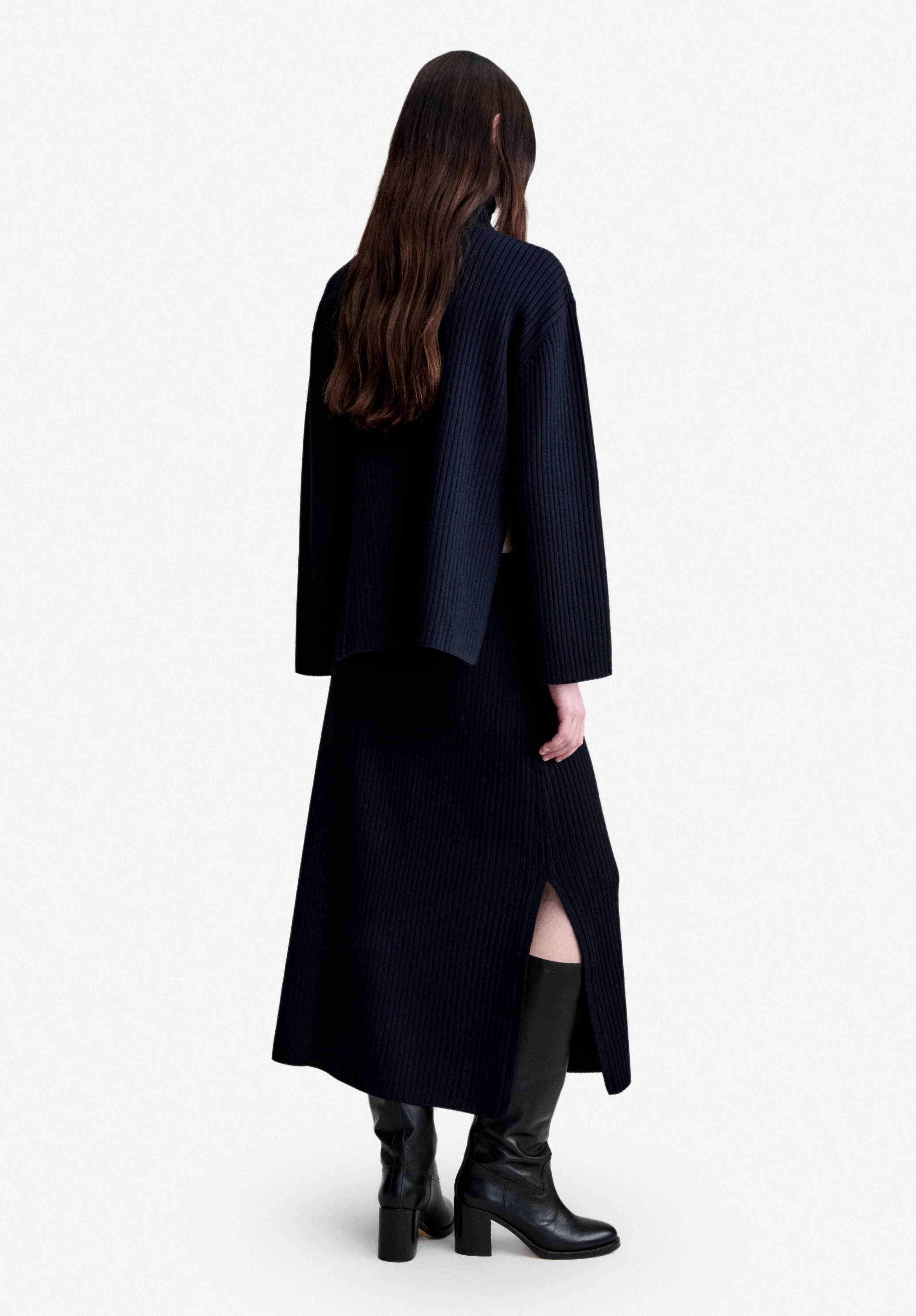 Jupe longue en laine mérinos bleu marine - Dark navy