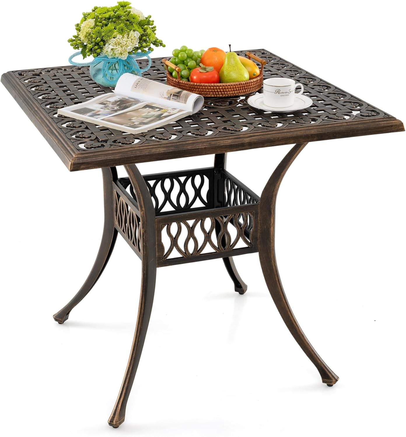 COSTWAY Gartentisch mit Schirmloch, 80x80x75cm, quadratischer Balkontisch aus Aluminiumguss, wetterfester Terrassentisch für 4 Personen, Outdoor-Esstisch für Garten