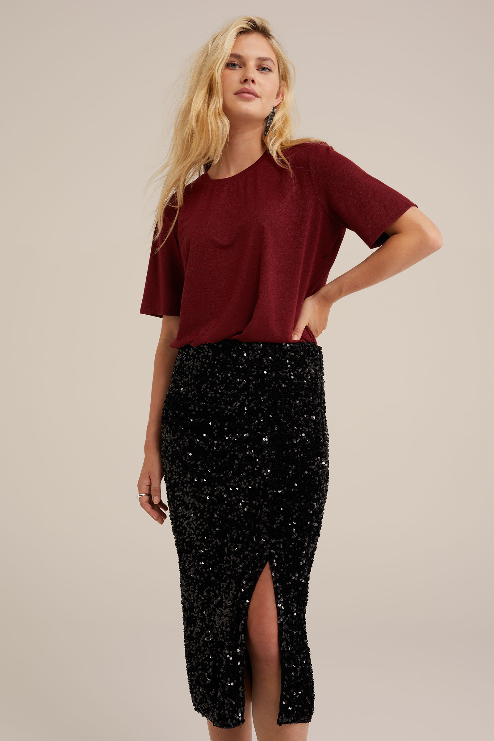 velvet kokerrok met pailletten WE Fashion Zwart