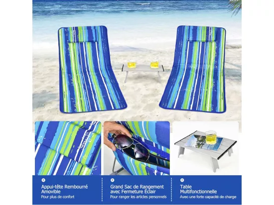 Ensemble de Tapis de Plage Pliables 2 pcs avec Table d’Appoint, Matelas de Plage avec Hauteur Réglable 27-47cm, Coloré