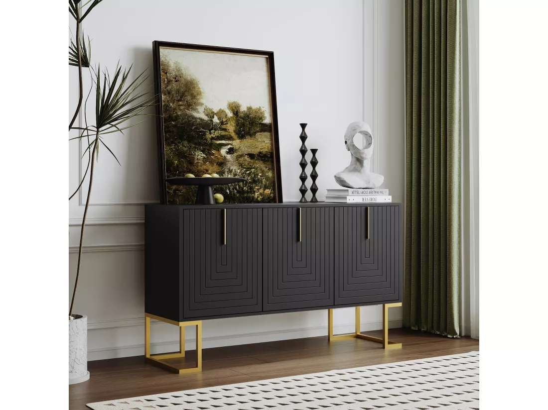 Buffet moderne avec étagères réglables - 3 portes à motif de U - poignées et base en métal - Noir