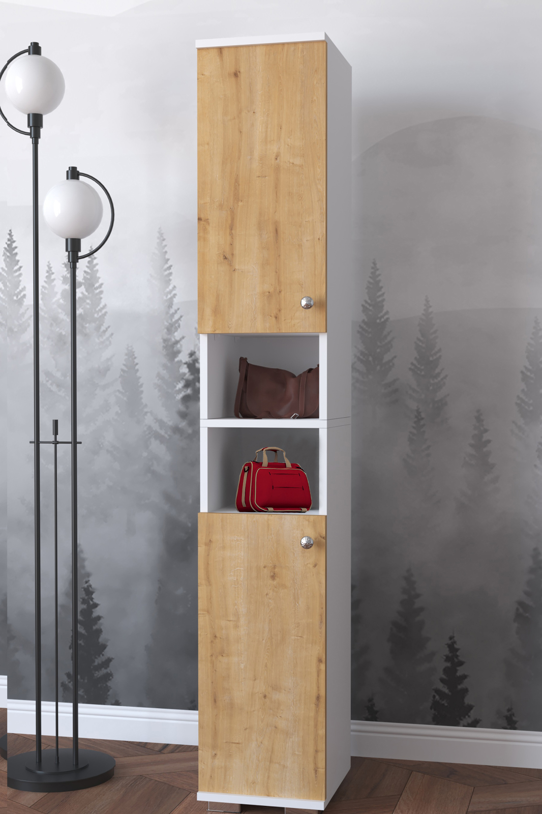 Schuhschrank GADOS M - weiß-Honig Eiche - 8 Fächer - 178 cm