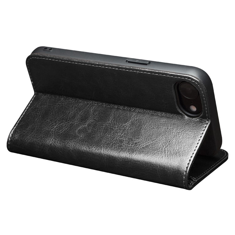 iPhone 16e Echtleder Tasche Flip Cover mit Kartenfächer - Schwarz