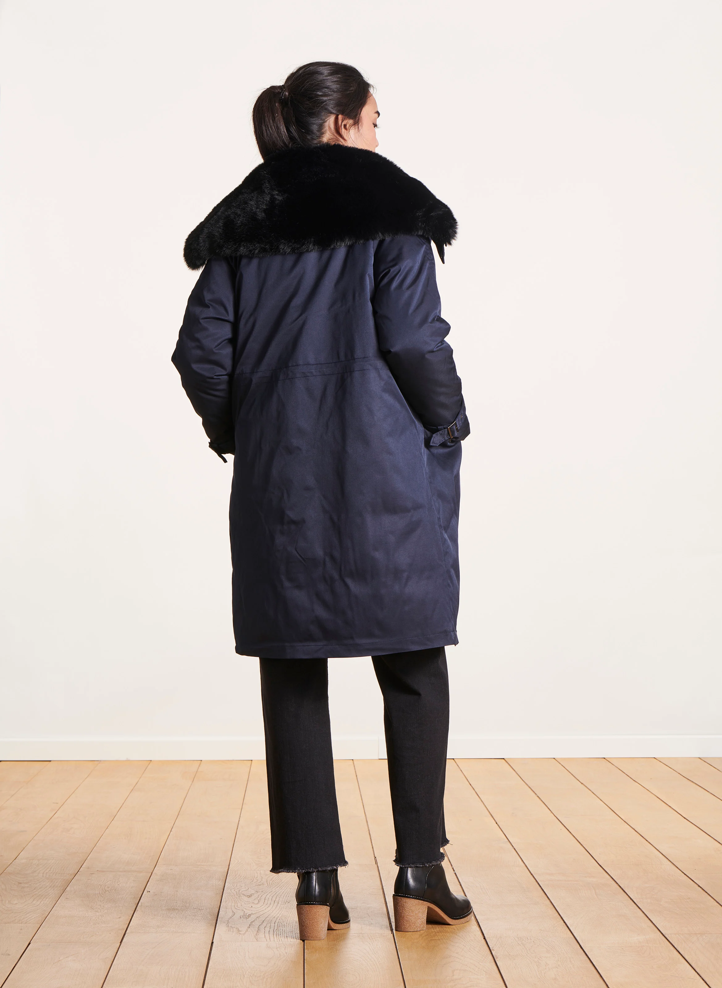 Parka mi-longue droite effet fourrure | Bleu