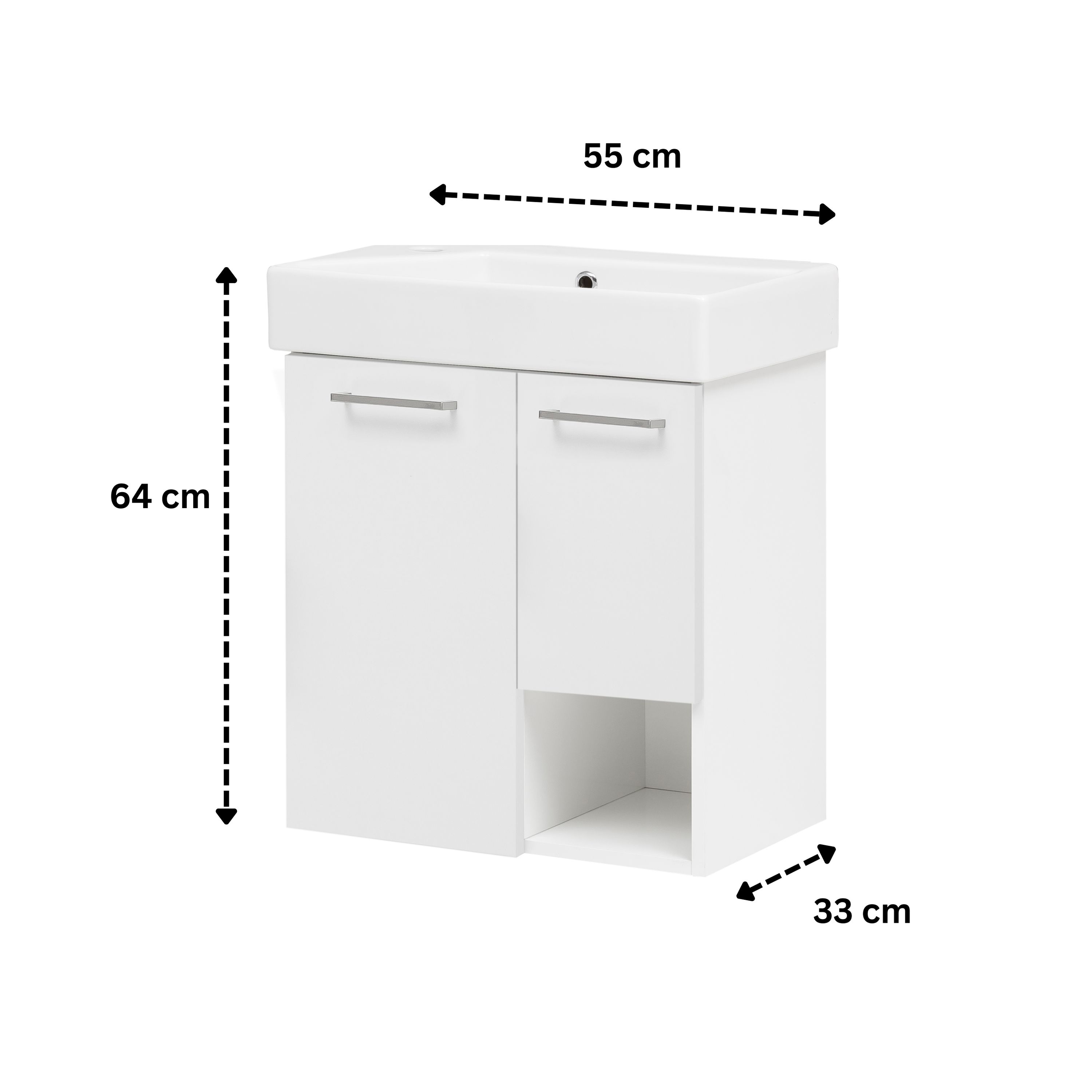 Badmöbel Waschtisch Gäste WC mit 2 Schranktüren und Metallgriff Weiß