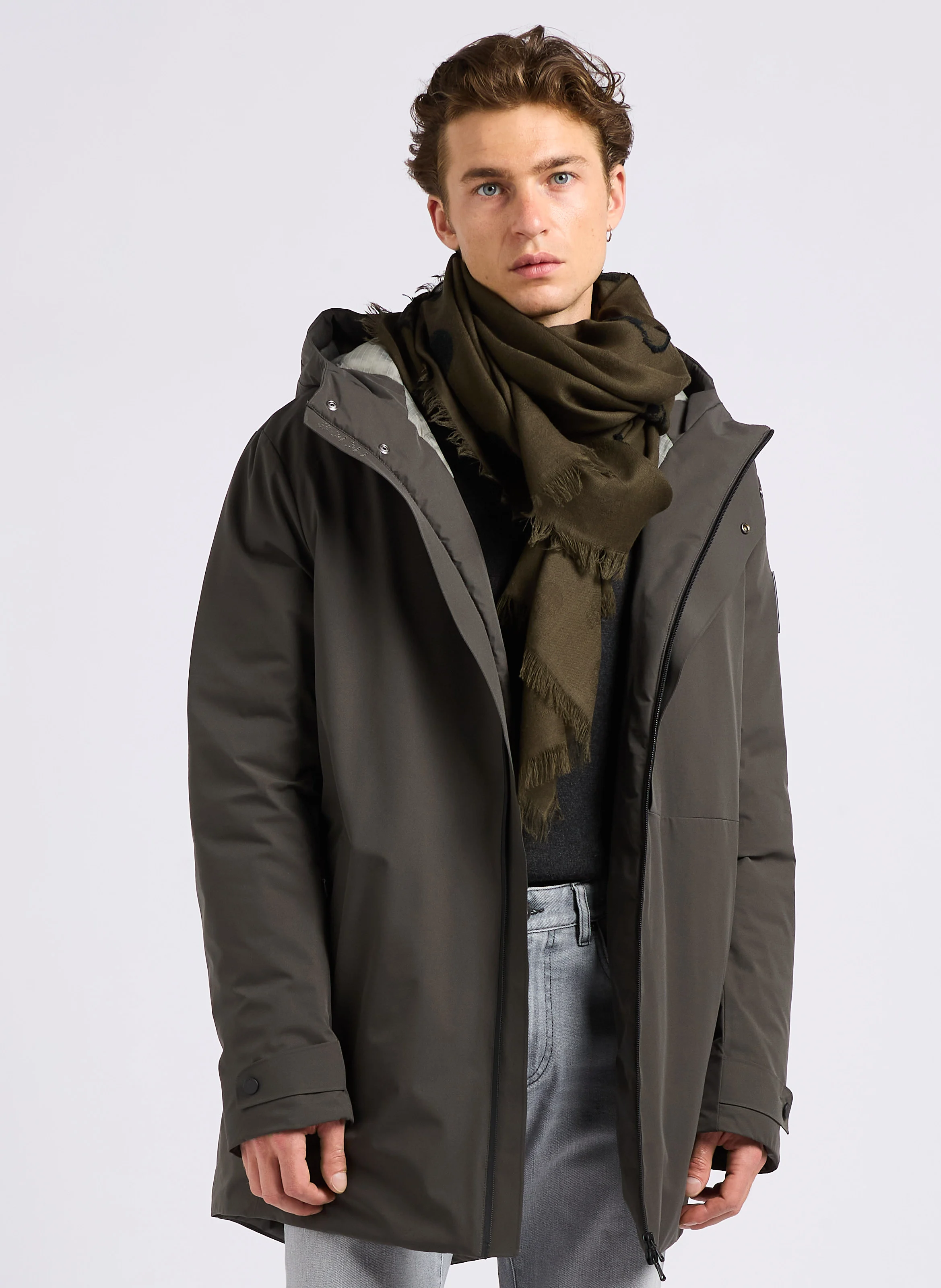 Foulard brodé en coton et laine mélangés | Kaki