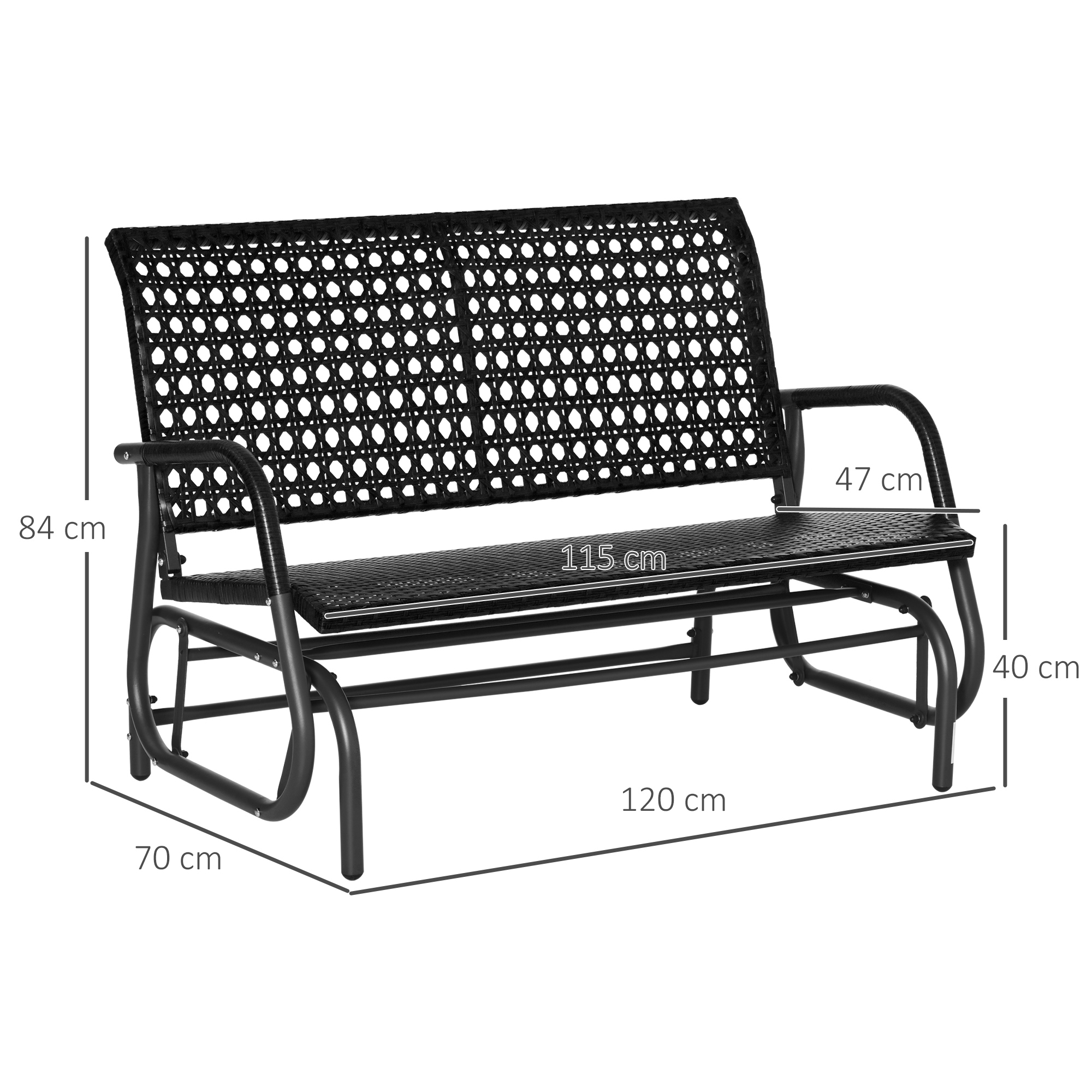 Cadeira de balanço de vime Outsunny para 2 pessoas, banco de balanço para jardim com mecanismo de balanço ergonômico e estrutura de metal para terraço, varanda, pátio externo, hotel, capacidade de carga de 220 kg, 120x70x84 cm, preta