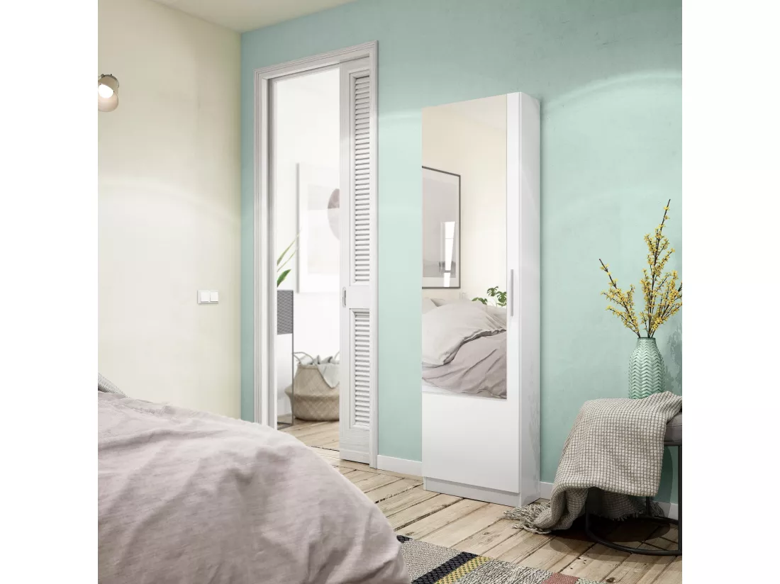 Armoire à chaussures en panneaux de particules mélaminé avec miroir - Longueur 50 x Profondeur 22 x Hauteur 180 cm