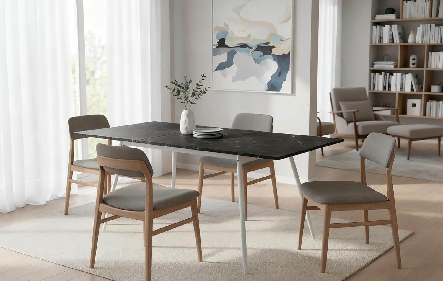B&D home Esstisch LIO, ausziehbar 120-160 x 80 cm, 4-6 Personen Küchentisch Holztisch mit Metallgestell für Esszimmer, Küche, skandinavisch Design, Marmor Optik, 11219-120-FW-MSCH