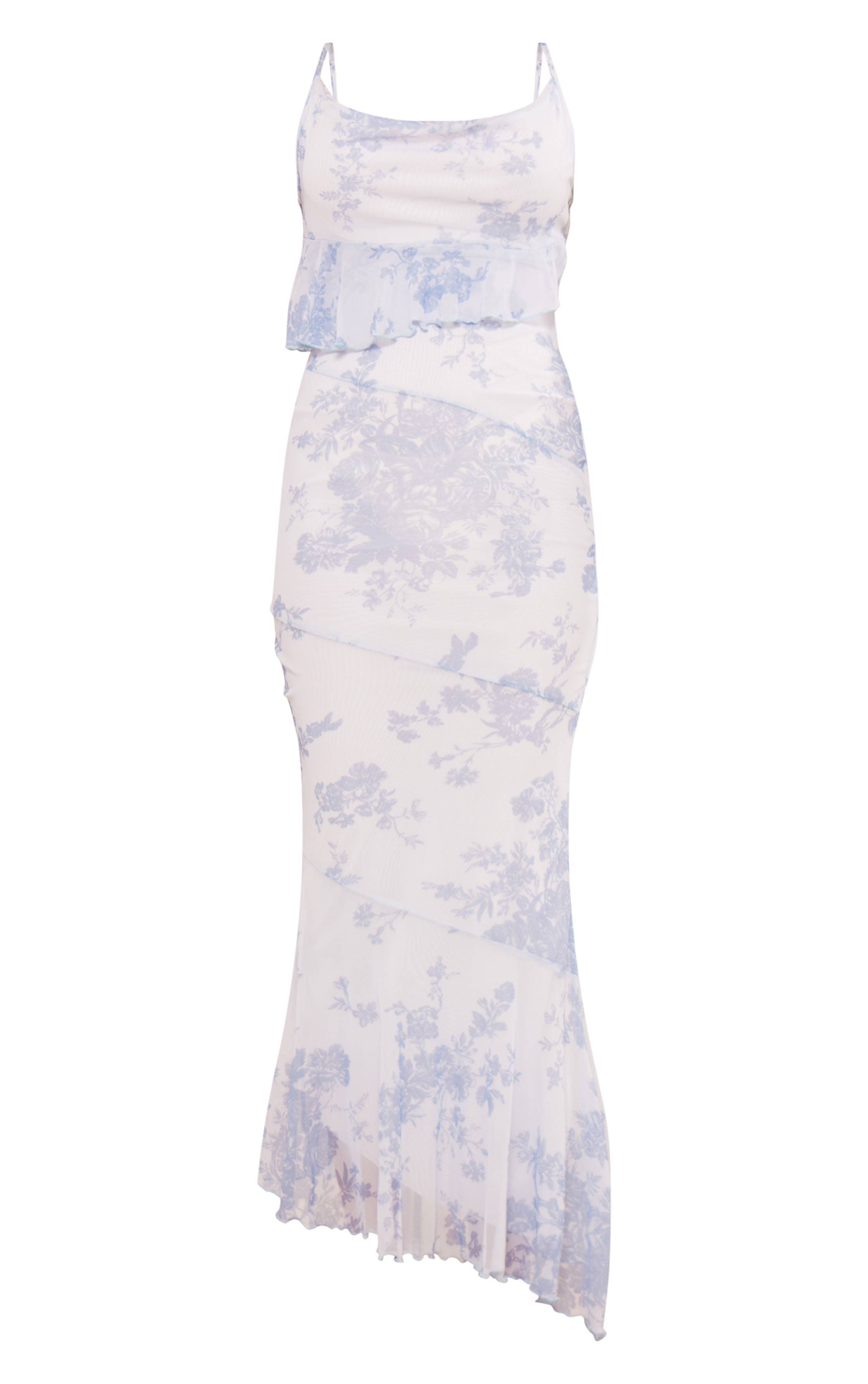 Bleu Robe Mi-longue En Mesh Imprimé Fleuri À Dos Bénitier Avec Volants
