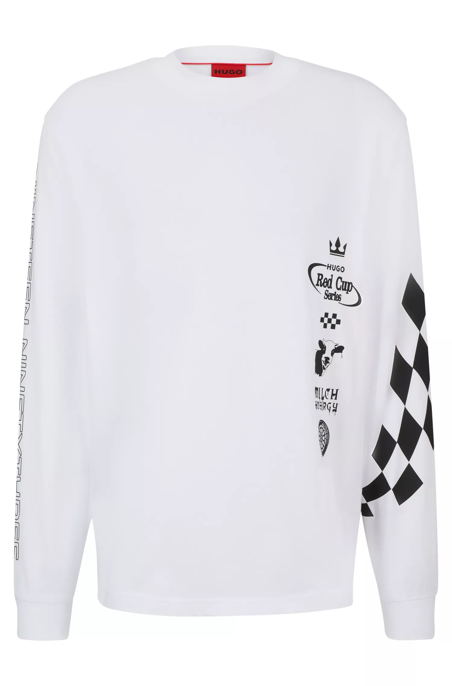 Camiseta HUGO vermelha em malha de algodão com estampas inspiradas em corridas.