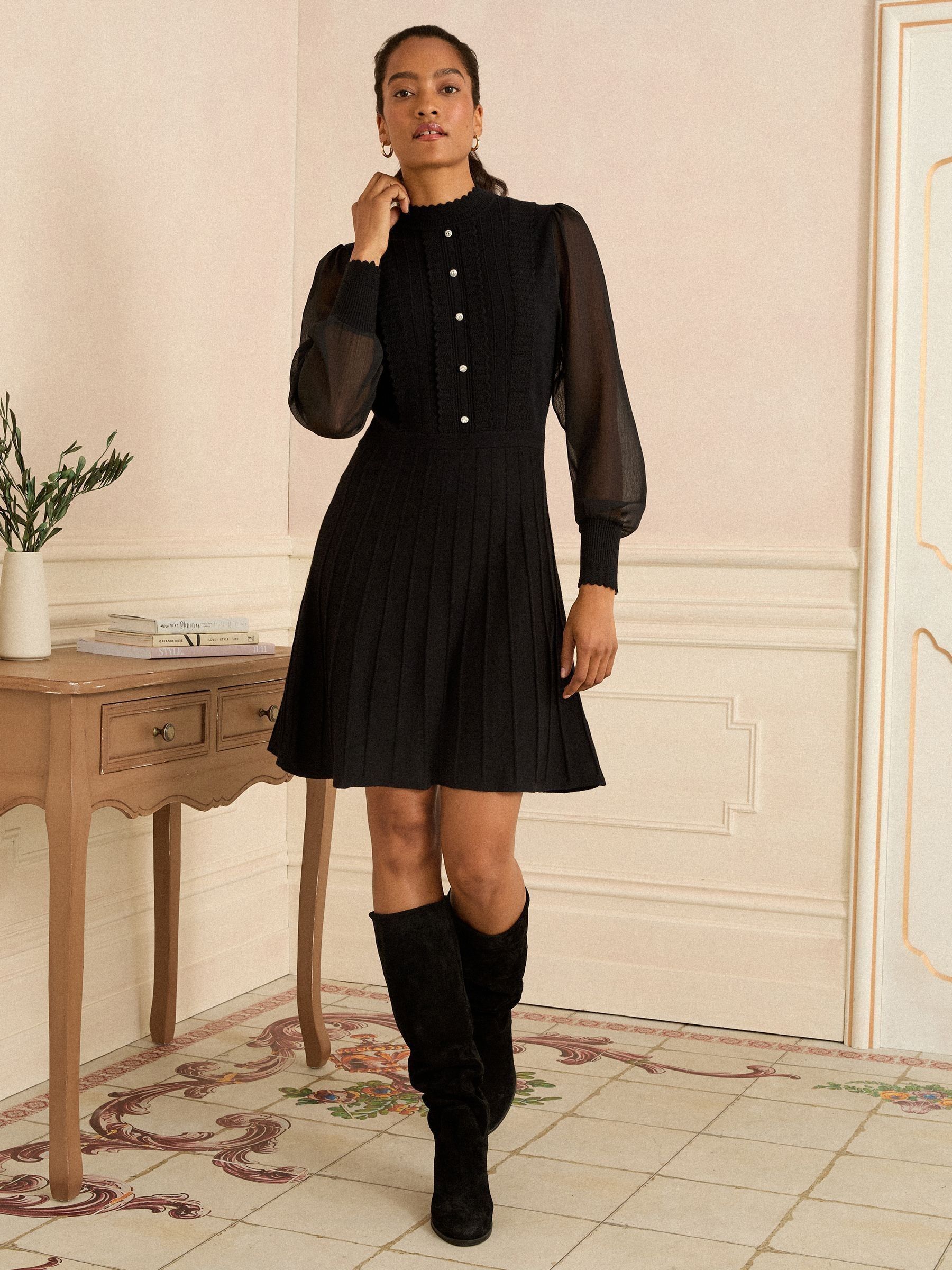 Zwart met trechterkraag - Love & Roses gebreide mini-jurk met chiffon mouwen