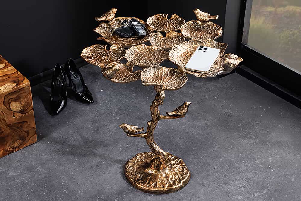 In- und Outdoor Beistelltisch BIRDS 65cm messing antik Blatt-Design wetterfest Vogel-Skulptur