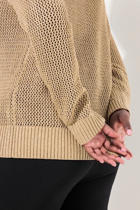Strickjacke, goldener Ajourstrick, Rundhals, Knopfleiste