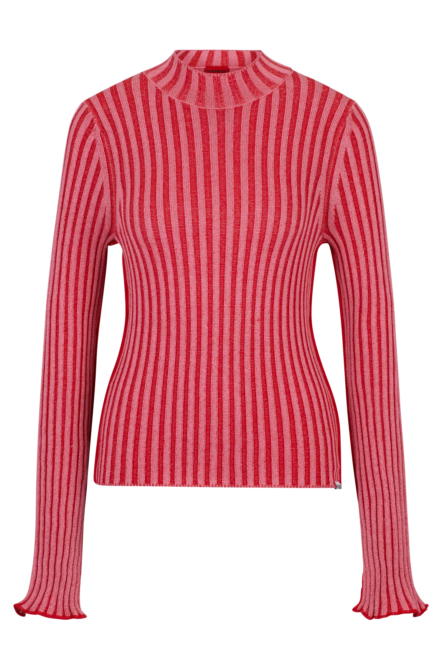 Suéter HUGO vermelho de gola alta em algodão canelado com costuras franzidas.