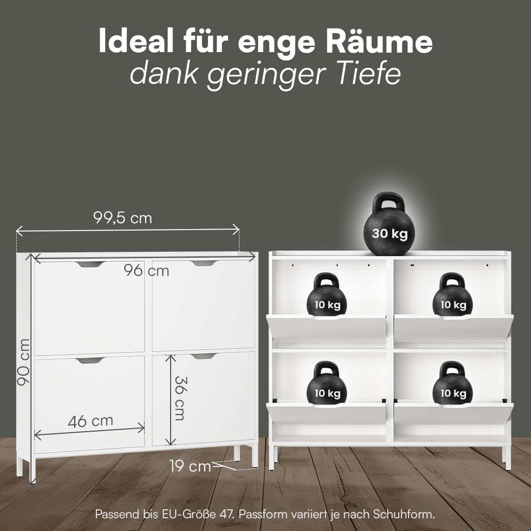 Bellamio Ceyhan Schuhschrank mit 4 Klappen – Schuhkipper weiß aus Holz – Schuhregal schmal 100x19x90cm – platzsparender Flurschrank mit 4 geschlossenen Fächern – Schuhkommode für Flur/Garderobe