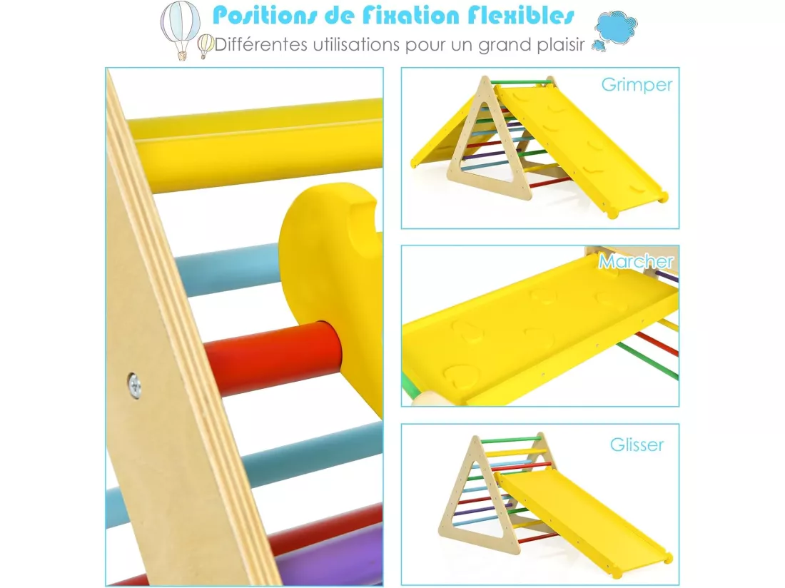 5 en 1 Aire de Jeux d’Escalade Montessori avec 2 Toboggans Réversibles, Triangle d'escalade en Bois Enfants avec Cadre Solide, Charge 60kg pour Grimper Marcher Glisser
