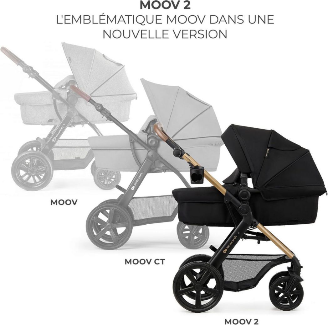 Poussette 3-en-1 Kinderkraft MOOV2, système de voyage de la naissance à 27 kg, siège auto Mink PRO I-Size inclus, pare-soleil extensible avec filtre UPF50+, accessoires pratiques, gris
