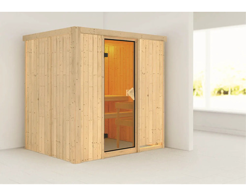 Karibu Wanja plug & play sauna zonder kachel en dakrand, met gebronsde volledig glazen deur