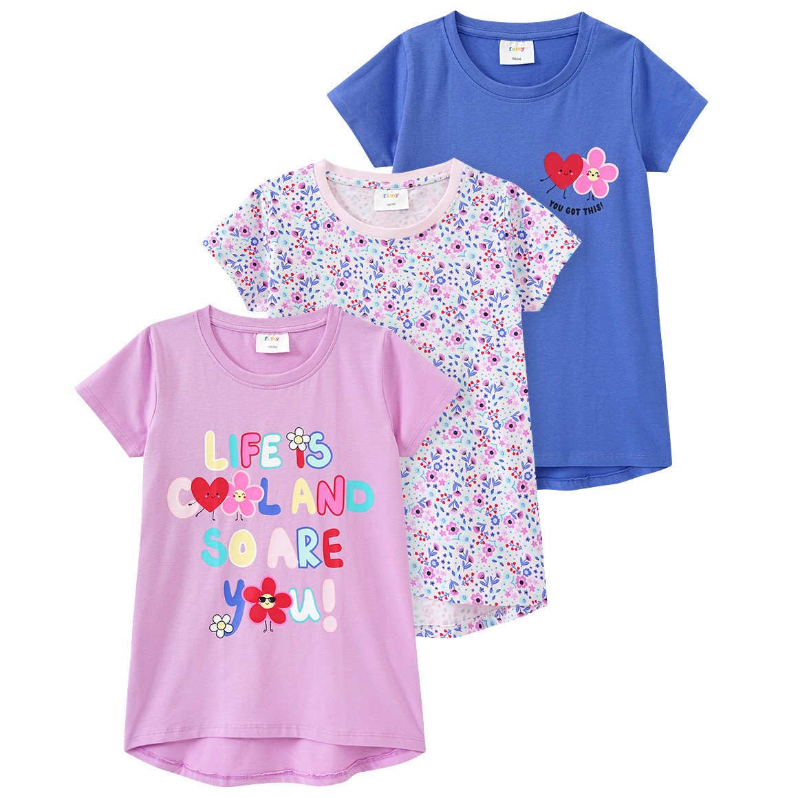 Famy 3 Mädchen T-Shirts mit bunten Motiven helllila / blau / zartrosa