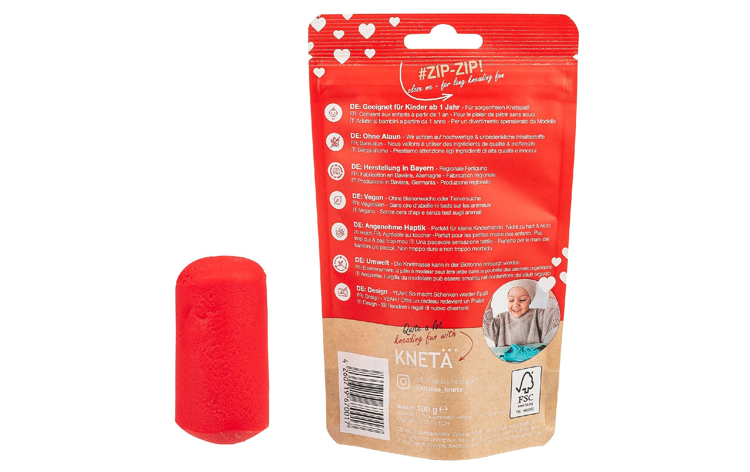 Vegane Spielknete Rot 100 gSoftknete in wiederverschliessbarer Verpackung
