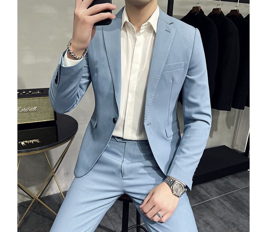 Deepwood - Set: Effen blazer met één knoop + taps toelopende pantalon