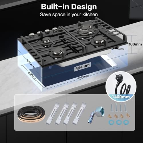 TopStrong Plaque de Cuisson Gaz 4 Feux, 60cm Plaque Gaz 4 Feux avec Sécurité Thermocouple, Cuisinière Encastrable, Naturel/Propane, 8060W, 220 240 V, Verre Noir : Gros électroménager