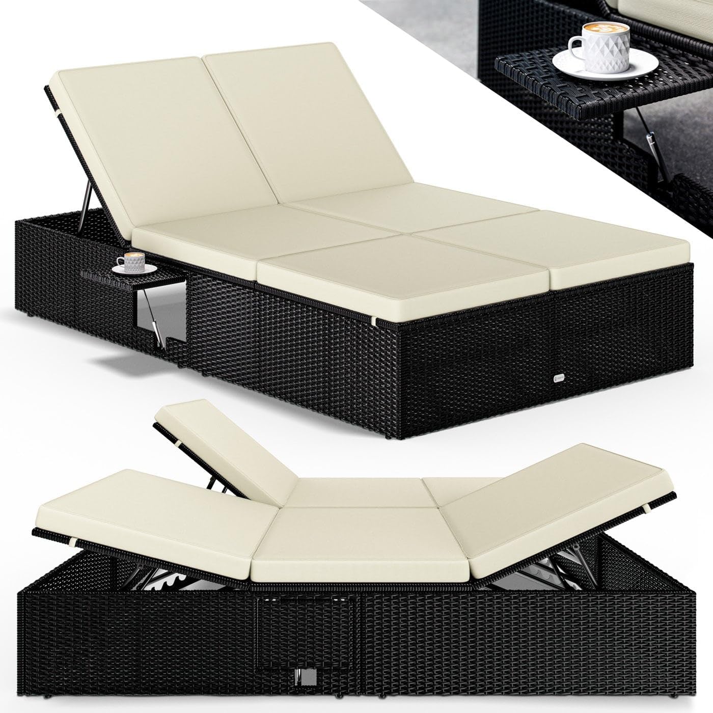 Casaria® Sonnenliege 2 Personen mit Klapptisch 7cm Auflagen Wetterfest Gartenliege 400kg Belastbar Liegestuhl Verstellbar Schwarz Creme 200x115cm