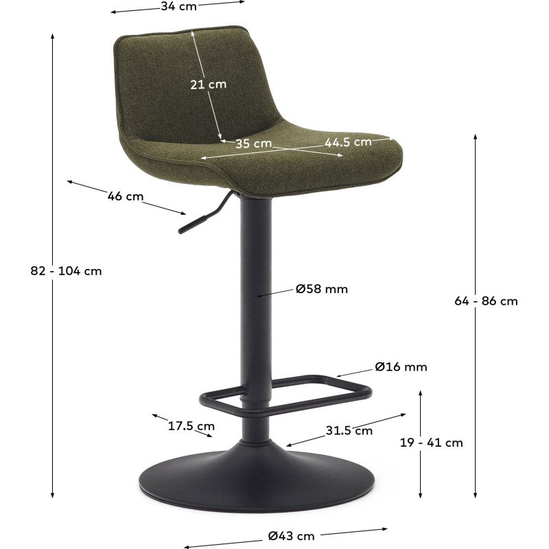 Tabouret Zenda en chenille vert foncé et acier noir mat hauteur  81-102 cm