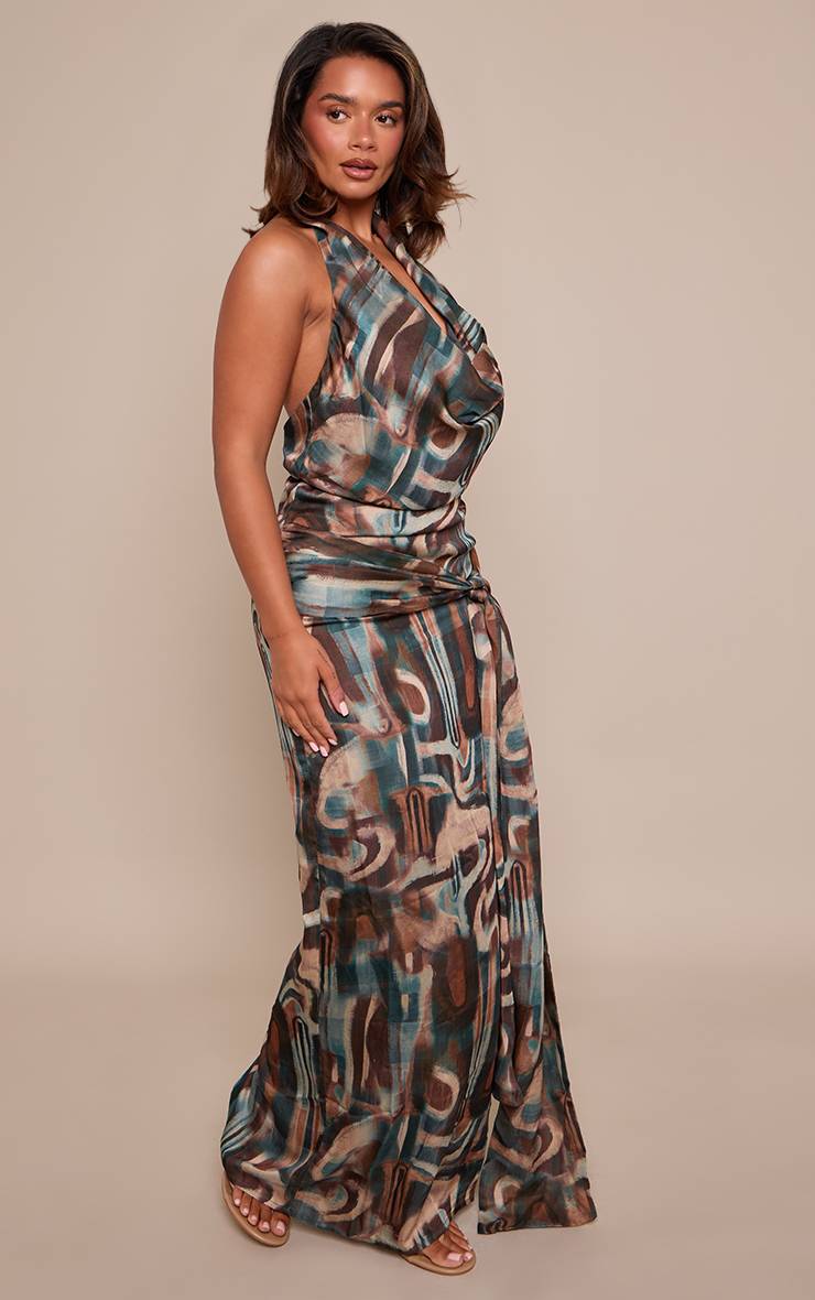Multicolore Robe Longue Bleu À Motifs Abstraits Col Bénitier Avec Nœud Devant