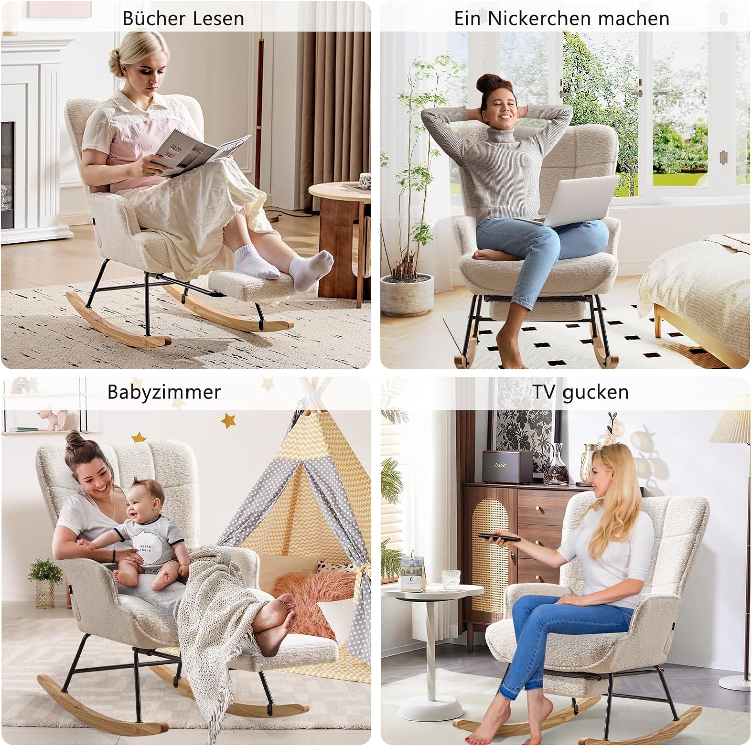 Schaukelstuhl mit Fußstütze, Schaukelsessel mit Fußstütze, Teddystoff Gepolsterter Lesesessel Relaxstuhl Sessel mit Holzkufen für Wohnzimmer Schlafzimmer, Elfenbeinweiß