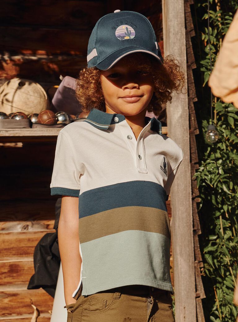 Polo piqué écru à rayures bleu marine, gris et kaki