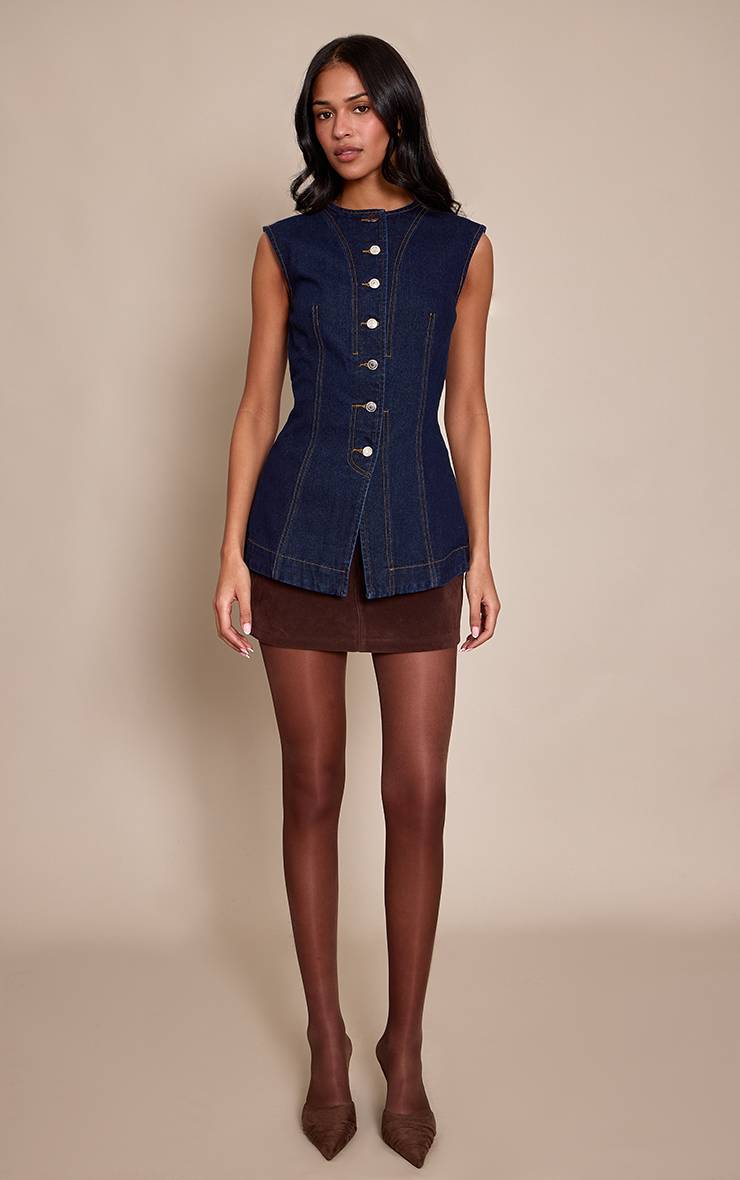 Bleu Indigo Haut En Denim Sans Manches Long Pour Grande Taille