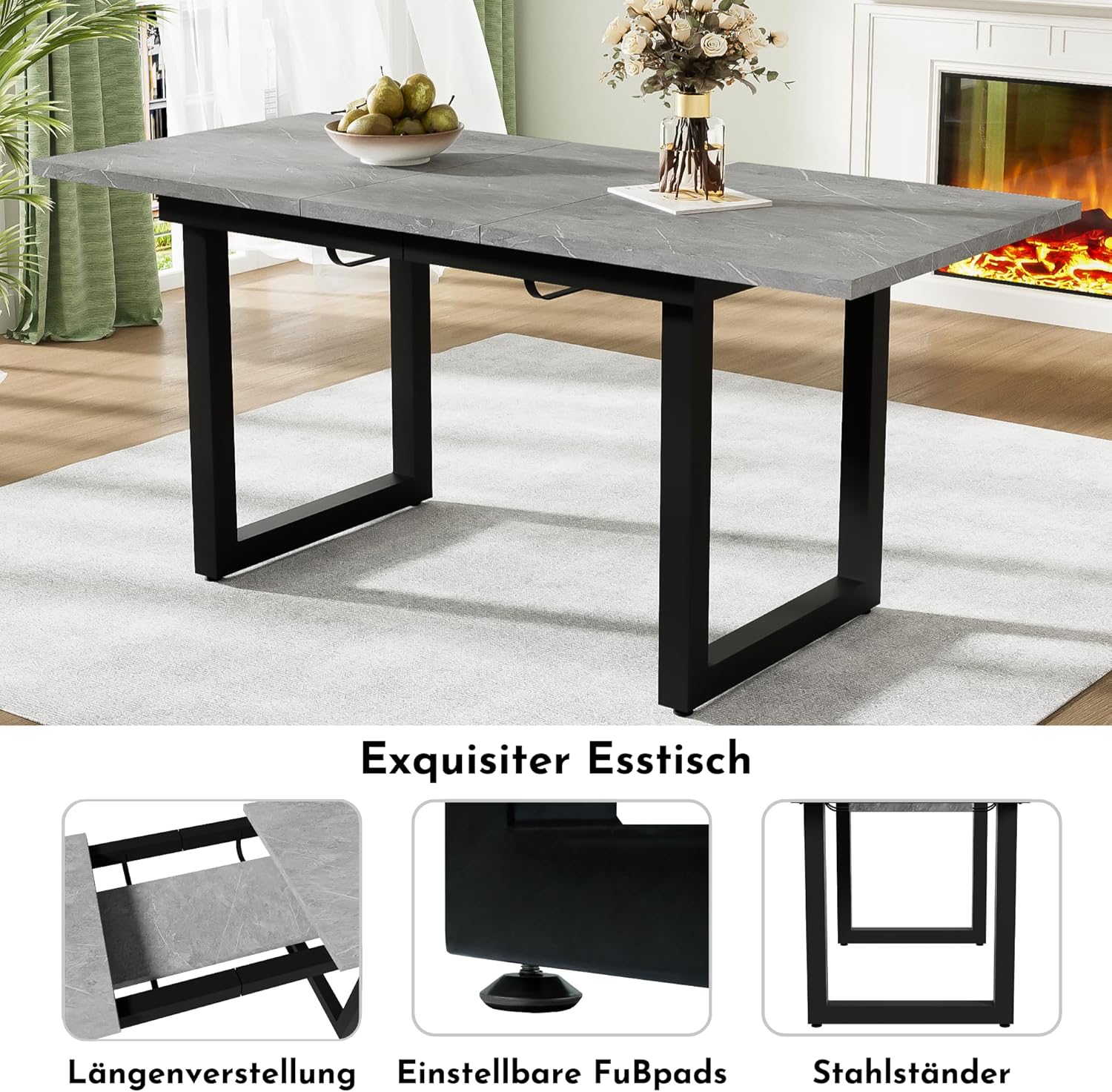 Merax Esstisch 140/180x80x75 cm, Ausziehbar Esszimmertisch mit Tischbeine aus Metall, Rechteckiger Küchentisch für Wohnzimmer und Esszimmer, Grau