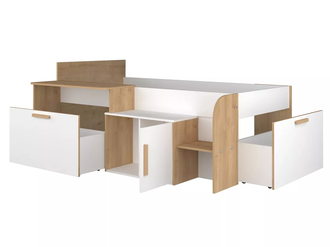 Lit combiné 90 x 200 cm avec bureau et rangements - Coloris : Blanc et naturel + Sommier - PEDRO