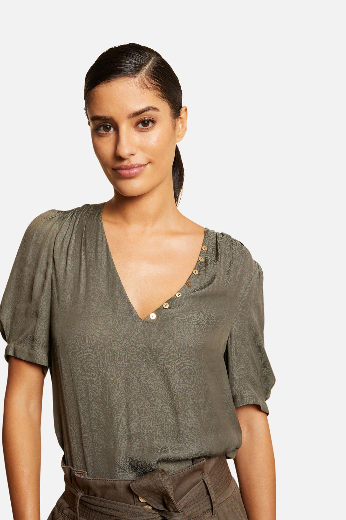 Blusa de manga curta estampada - Cáqui