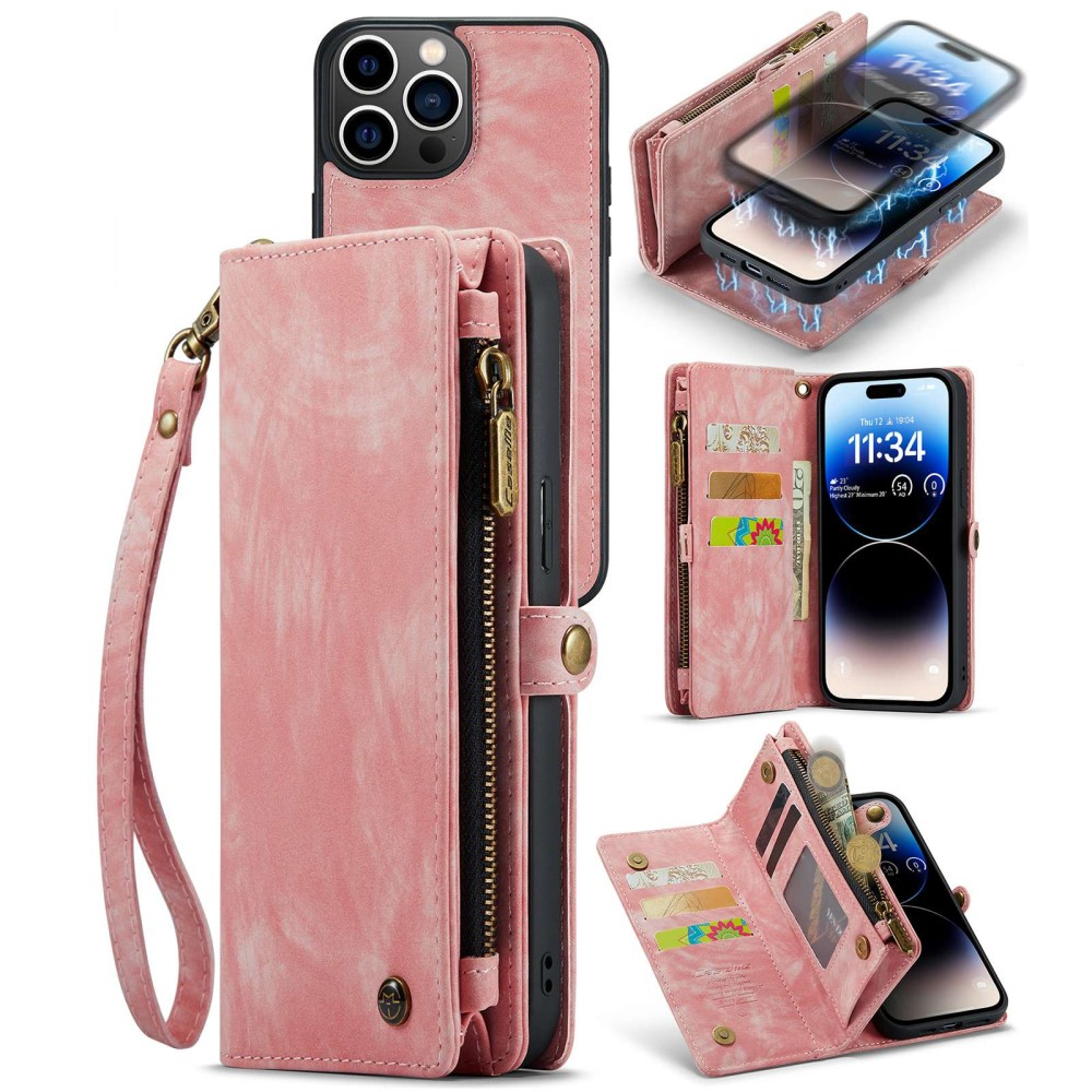 iPhone 14 Pro Max 2in1 Leder Tasche   Magnet Hardcase Karten Etui - Rosa