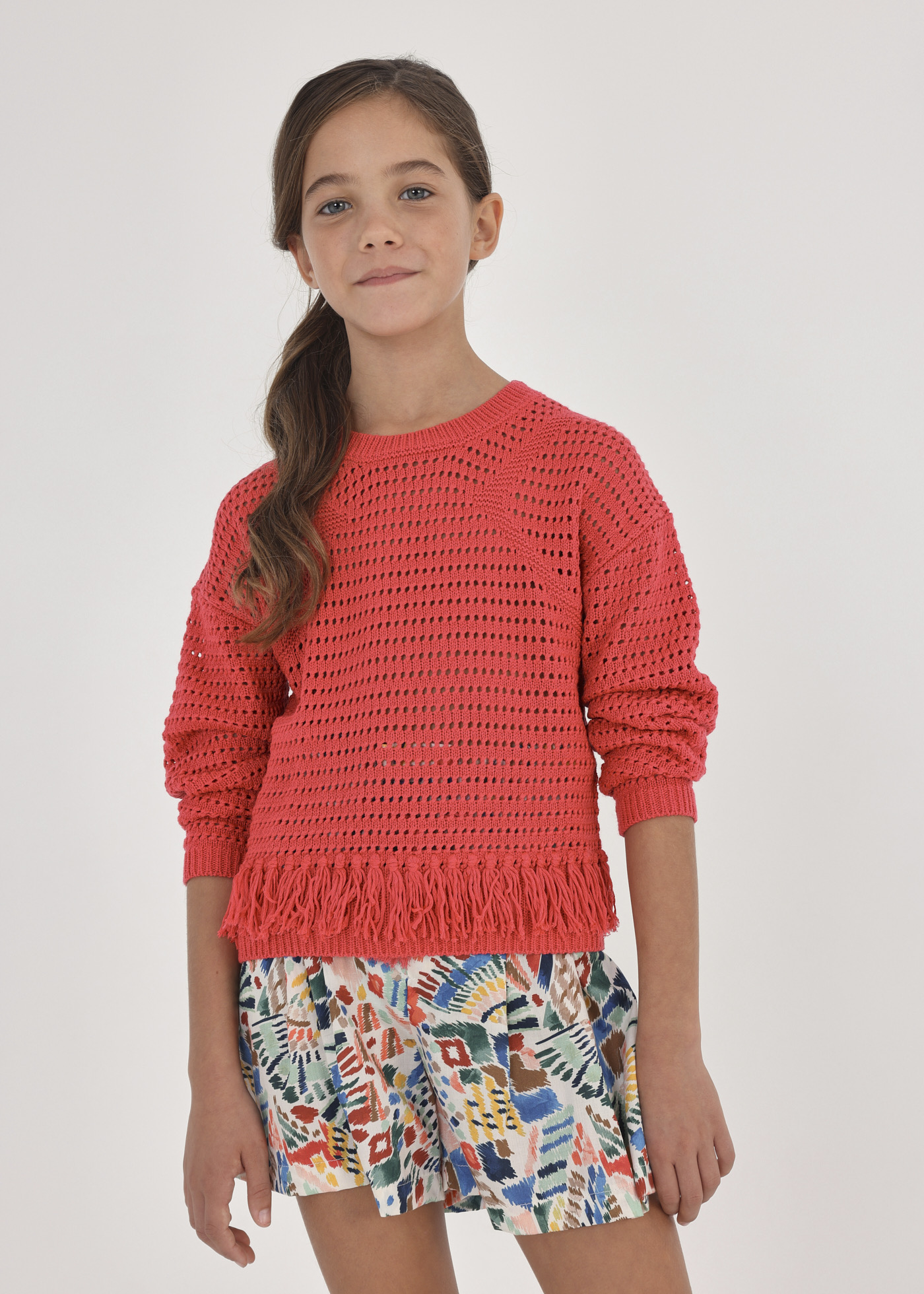 Blusa de malha jersey com apliques de franjas para meninas