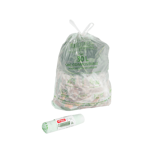 Sacs poubelle compostables 30L vert 18µ liens coulissants Alfapac